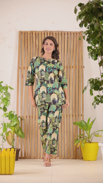 Jungle Black Printed Cotton Night Suit