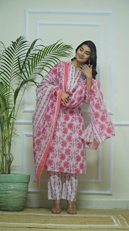 Pink Lining Kurti Pant Set with Dupatta
