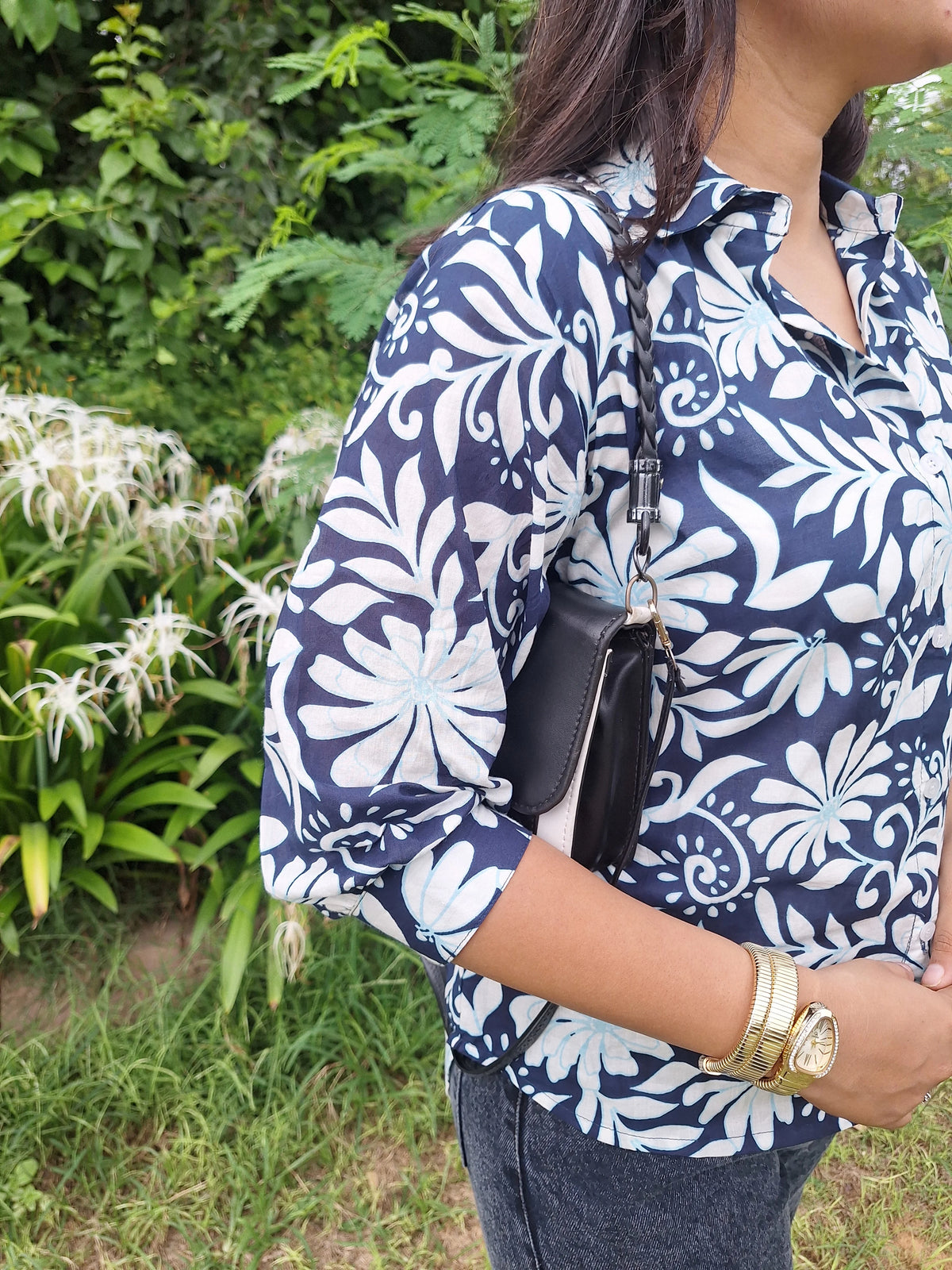 Indigo petals Cotton High Low Shirts